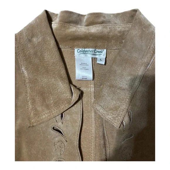 Coldwater Creek TAN 100% leather VEST open front with lace cut outs size L - Picture 3 of 8
